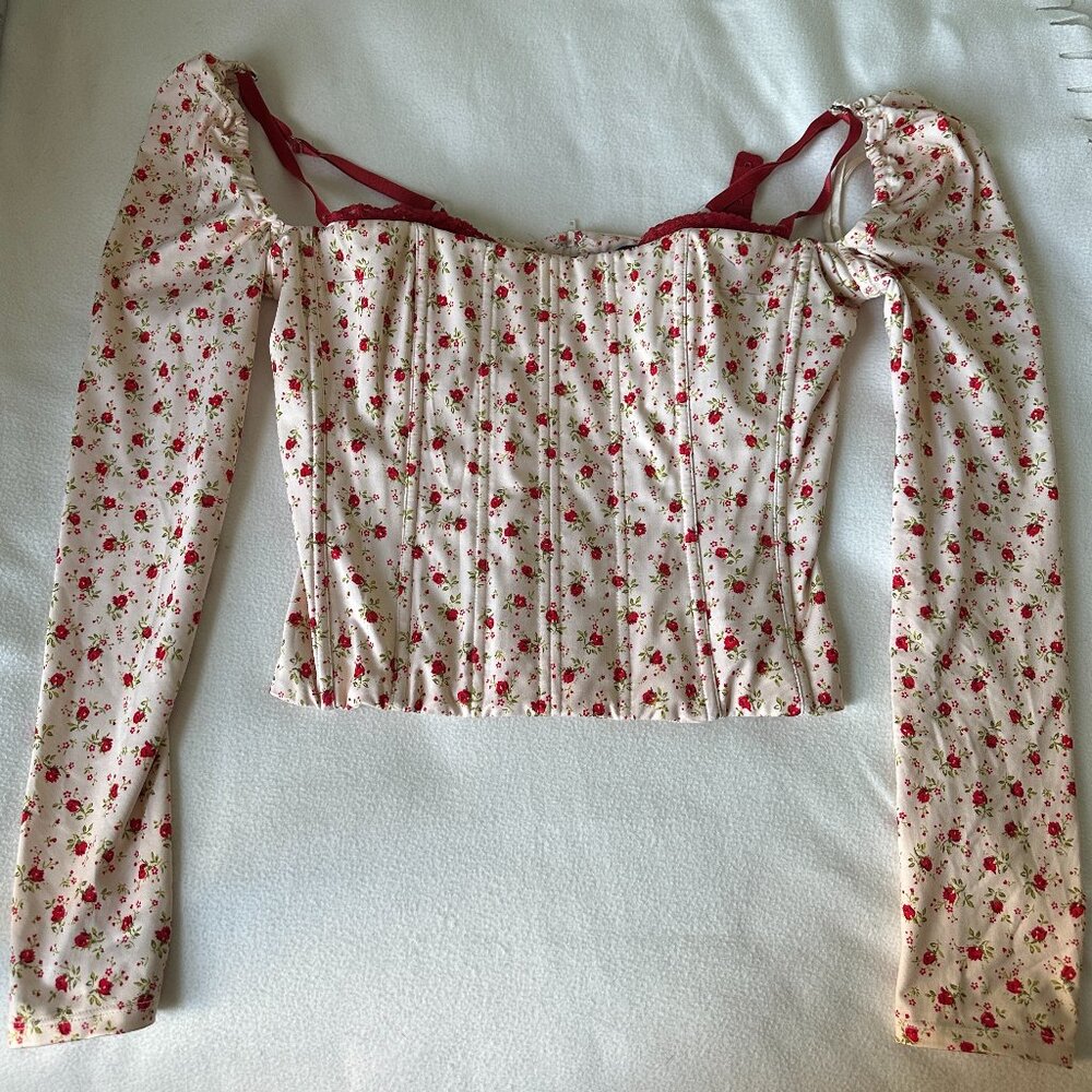 Longsleeve Corset Top, white with red roses, built-in bra by Moda International